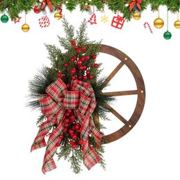 Decorative Flowers Artificial Pine Needles Wheel Christmas Wreath With Bow Non Fade Realistic Red Berry For Front Door Decoration