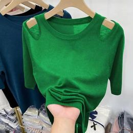 Women's T Shirts Hollowed Out Off Shoulder All-match Knitted T-Shirt Short Sleeve Pullover Tees Korean Fashion Vintage Women Casual Tops A37