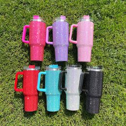 US warehouse Multicolour 40oz rhinestone bling studded vacuum insulated Stainless Steel 40oz bling tumbler with handle lid and straw