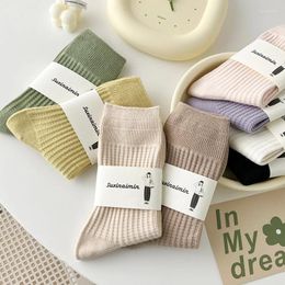 Women Socks 2Pairs Spring Autumn Student Solid Colour Cotton Middle Tube Girl Breathable Casual Lady Stockings