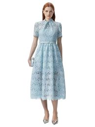 Luxury Runway New Ladies Sweet Summer High Quality Fashion Party Lace Hollow Out Baby Blue Belt Chic Pretty Girls Midi Dress