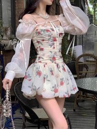 Casual Dresses Puff Sleeve Floral Dress Female Summer Woman 2024 Dopamine Beautiful Oil French Suspender Mini Feminine