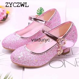 Flat shoes ldren Princess Shoes student for Girls High Heel Sandals Dress Purple Kids Leather Glitter Crystal BanquetH24229