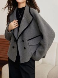 Blends Women's Autumn Jacket Grey Turndown Collar Double Breasted Wool Coats Slim Fashion Versatile High Collar Jackets for Women 2023