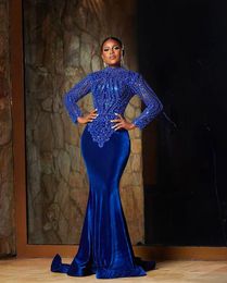 Luxury Beaded Roval Blue Prom Dresses African Velvet Mermaid Formal Evening Party Gown Muslim Arabic Aso ebi Long PartyDress