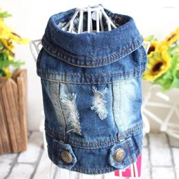 Dog Apparel Classic Double Hole Design Jean Jacket Blue Vintage Washed Vest Denim Coat For Small Medium Dogs Chihuahua Yorkie Clothes