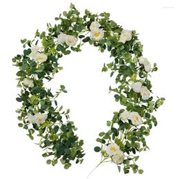 Decorative Flowers Eucalyptus Garland With 20 White Camellias 6.56 Ft Artificial Floral Vines For Wedding Table Runner Backdrop Wall Decor