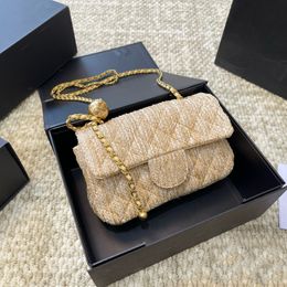 Ladies Designer Classic Mini Flap Raffia Weave Beige Square Bags Crush Gold Ball Metal Hardware Matelasse Chain Crossbody Shoulder Handbags Straw Purse 20x12CM