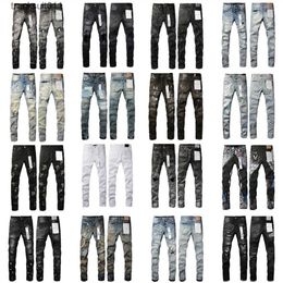 Mens Jeans Purple Designer Fashion Distressed Ripped Bikers Womens High Street Brand Patch Hole Denim Cargo for Black Pants 240229