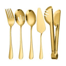 Sets 5Pcs Golden Thicken Stainless Steel Public Cutlery Set Western Service Spoon Colander Fork Cake Shovel Tongs Kitchen Tableware