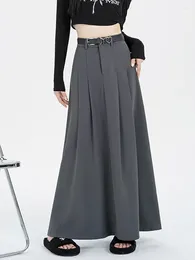 Skirts Elegant Maxi Suit Skirt For Women 2024 Office Lady Solid A Line Belt High Waist Pleated Long Female Black Gray Z559