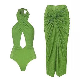 Swim wear 2024 New green Halter One piece Womens swimsuit set Shiny Texture Pleated Women Swimwear Beachwear bathing suit bikini 240229