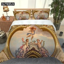 Set 3D Angel Bedding Set Golden Luxury Bedclothes European Pattern Duvet Cover Retro Chain Comforter Cover 3 Piece for Girls Boys Sheer Curtains