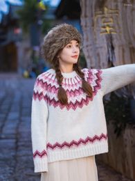 Women's Knits 100-106cm Bust Spring Autumn Women Knitted Fair Isle Vintage Handmade Knit Warm Thick Wool Sweater Coat Cardigan Jumpers