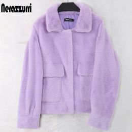 outwear Nerazzurri Purple Blue Short Light Soft Faux Fur Coat Women Long Sleeve Pockets Womens Fall Fashion 2021 Plus Size Furry Jacket