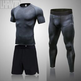 Sets Mens Sport Running Set Compression TShirt + Pants SkinTight Short Sleeves Fitness Rashguard MMA Training Clothes Gym Yoga Suit