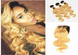 Dark Roots Honey Blonde Lace Closure With Bundles Two Tone Ombre Human Body Wave Hair Weave With Lace Closure Baby Hair Around9766530