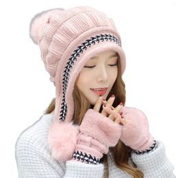 Berets Fashion Winter Hat Gloves Set For Women Girls Warm Pompoms Snow Ski Hats Knitted Caps And Outdoor Cold