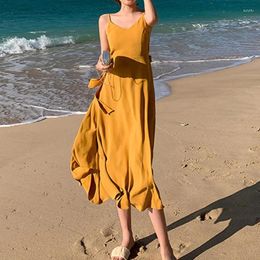 Casual Dresses Summer Beach Bohemian Yellow Dress For Women Vacation Outfits High Waist A-line Solid Colour Elegant Party Fairy