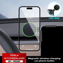 Cars for Tesla Model 3/Y/HIGHLAND 2024 Car Phone Holder Screen Side Mount Magnetic Wireless Charger 15W Fast Charging Free adjustable