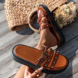 Slippers Round Toe Thick Sole Beach For Women In Large Size Medium Heeled Roman Sandals House Chaussure Femme Outdoor