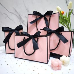 High Quality Pretty Pink Gift Bag Gift Box Ornament Pyjama Book Black Handle With Ribbon Paper Box Bag Kraft Packaging 240226