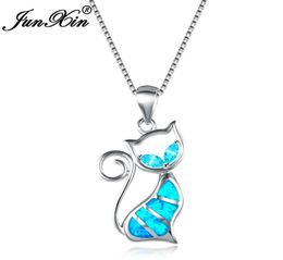 JUNXIN 2018 New Brand Design Women Cat Necklace Blue Fire Opal Necklaces Pendants Fashion 925 Sterling Silver Animal Jewelry7742493