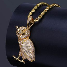 Luxury Iced Out Stainless Steel Animal Owl Pendant Necklace with 60cm Rope Chain Micro Pave Cubic Zirconia Simulated Diamonds Pend302U