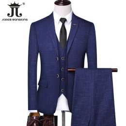 Suits ( Jacket + Vest + Pants ) Checker Casual Business Office Mens Suit Set of Three and Two Groom Wedding Dress Plaid Suit Male