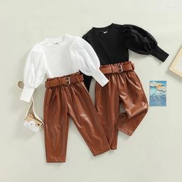 Clothing Sets FOCUSNORM 1-6Y Fashion Kids Girls Autumn 2pcs Clothes Solid Long Puff Sleeve Ribbed Tops PU Leather Pants With Belt