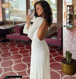 Casual Dresses Autumn And Winter Core Spun Yarn Slimming Round Neckline Large Pit Stripe Backless A-line Knitted Long Dress Wome