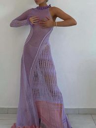 Casual Dresses Women Long Knit Dress Contrast Colour Hollow-Out See-Through One Shoulder Sleeve Beach Bikini Cover-Ups