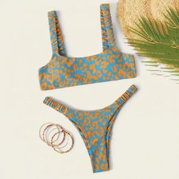 Women's Swimwear 2 Pcs/Set Women Bikini Set Leopard Print Padded Quick Dry Elastic Mid Waist G-string Summer Bathing Suit