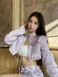 Women's Tracksuits 2024 Spring Girl Purple 2 Pieces Sets Stand Collar Short Jacket Cardigan&Mini Pants Fashion Two Skirt Shorts Suit