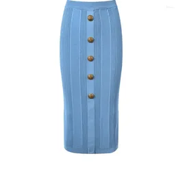 Skirts High Street 3 Colors Black/White/Blue Stretchy Knitting Women Sheath Midi Skirt With Buttons