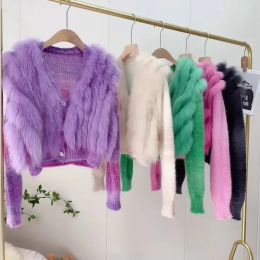 Fur Lady's Sweater Coat with Real Fox Fur Trim Fashion Ins Fox Fur Jacket Women Autumn Winter Clothing