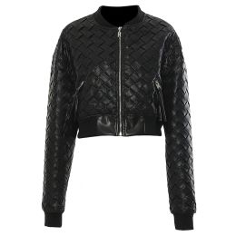 Jackets Women Faux Leather Jacket Woven Zip Up Motorcycle Short PU Moto Biker Outwear Fitted Slim Jacket Coat