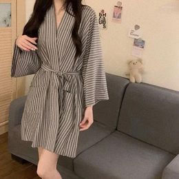 Women's Sleepwear Japanese Nightdress Pyjama Women Robe Night 2024 Sleeve Autumn For Homewear Nightgown With Striped Long Wears Belt