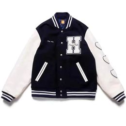 H Letter Baseball Varsity Jacket Men Oversize Women Coats Leather Sleeve Navy Blue Heart Flock Vintage Baggy Jaqueta Masculina 240222