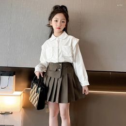 Clothing Sets 2024 Arrival Girls' Long Sleeved Shirt Pleated Short Skirt Spring Autumn Fashion Children's Set Size 120-170cm Retail