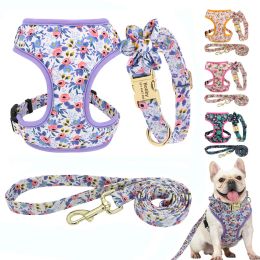 Collars Personalised Dog Collar Leash Harness Set Nylon Small Large Dogs ID Collars Pet Vest Harness Lead Belt Rope Flower Accessories