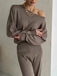 Women's Pants One Shoulder Sexy Knit Two Piece Set Casual 2 Tracksuit Women Knitted Suit And Top Matching Sets For