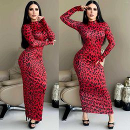 Casual Dresses 2024 Luxury Designer Leopard Young Sexy Sweet Office Lady Turtleneck Full Sleeve High Waist Women Long Skinny Pencil Dress