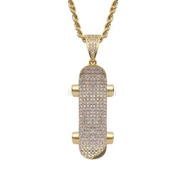 18k Gold Sport Skateboard Necklace Nightclub Bling Diamond Cubic Zircon Pendant Necklaces Hip Hop Jewellery Set Men Women Stainless Steel Chain