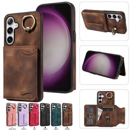 Metal Finger Ring Holder Leather Wallet Cases For Samsung S24 Ultra S24 Plus S24 A05 A05S A15 A25 5G Fashion Credit ID Card Slot Pack Back Cover Kickstand Pouch Purse