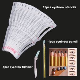 accesories New Product Tattoo Eyebrow Stencil Set 12pcs Shapes Reusable Microblading Accurate Ruler Tool with Eyebrow Pencils for Beginner