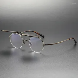 Sunglasses Frames Japanese Retro Round Flip Up Glasses Frame Men Vintage Titanium Clip On Women Optical Myopia Semi Rimless Eyeglasses