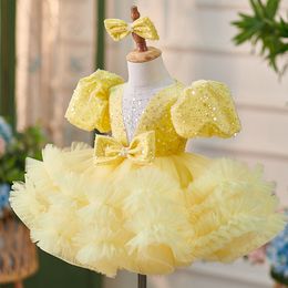 Yellow Dresses For Wedding Jewel Neck 3D Flower Kids Pageant Gown Toddler Prom Wear Short Sleeves Ruffles Junior Bridesmaid Gowns Girl Formal Party Dress 0528