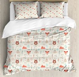 Pillow Tribal Duvet Cover Set Primitive Fox Arrows Bear Lodge Houses Feather Graphic Decorative 2 Piece Bedding Set with 1 Pillow Sham