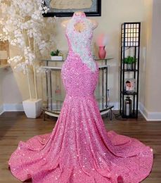 Pink Sequined Mermaid Prom Dresses 2024 For Black Girl Silver Applique Crystal Beaded Long Evening Dress Special Occasion Gowns BC18269